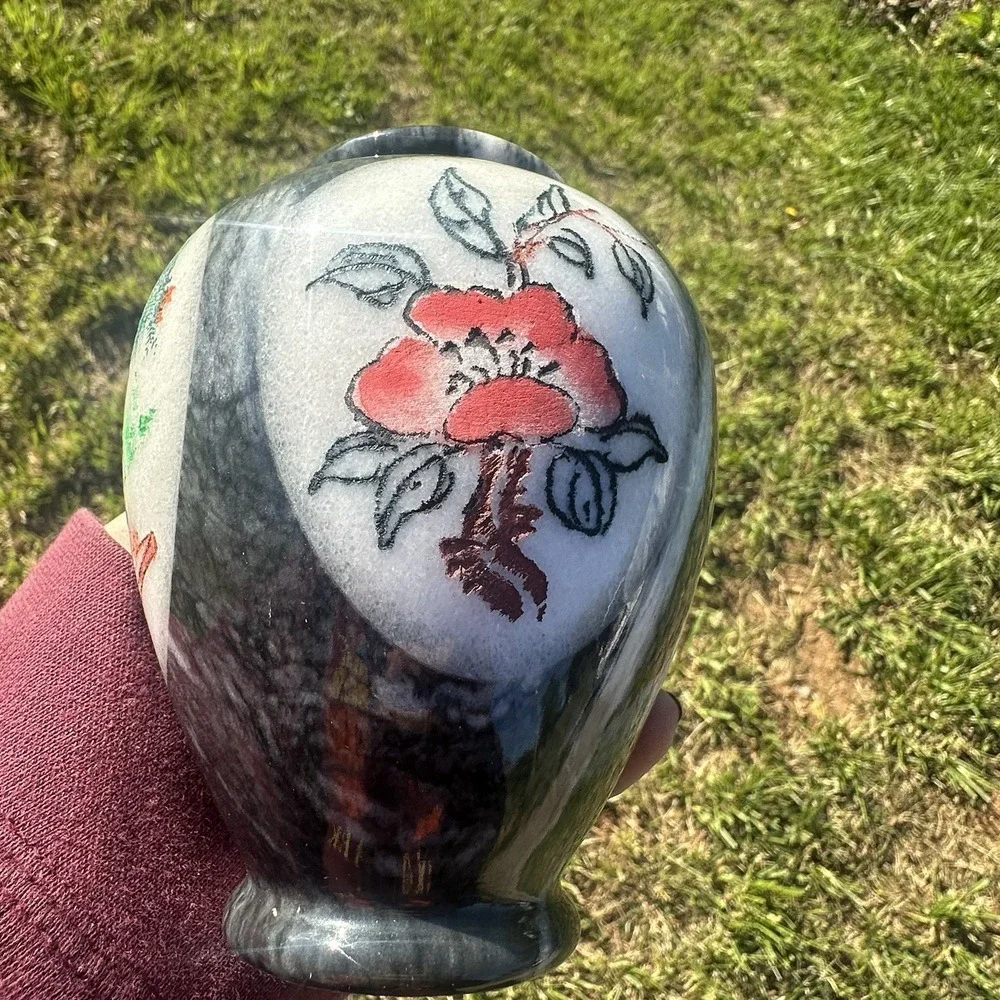 Vintage Chinese Marble Stone Carved Painted Landscape Crane Artwork Flowers Vase